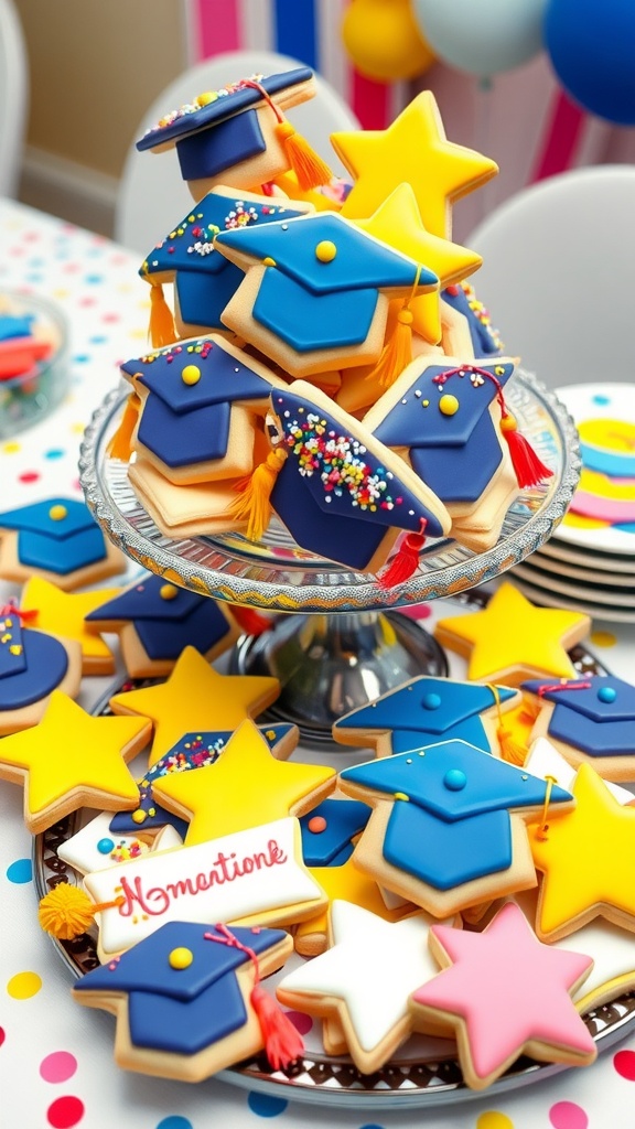 Delicious and Fun Cookie Ideas for 5th Grade Graduation Graduation-themed cookies shaped and decorated in various colors, arranged on a festive table.